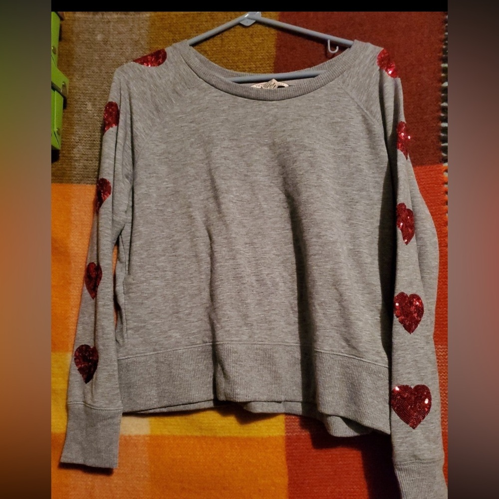 Victoria's Secret Red Hearts Sequin Long Sleeve Grey Shirt